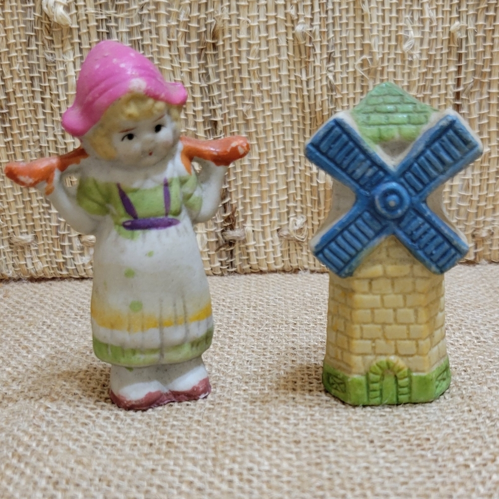 Vintage Dutch Girl & Windmill Bisque Figurines